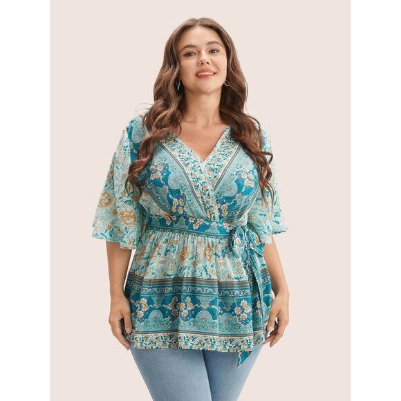 Plus Size 22 24 3X Bloomchic Boho Floral Ruffle Sleeve Belted V-Neck Blouse - Picture 3 of 5